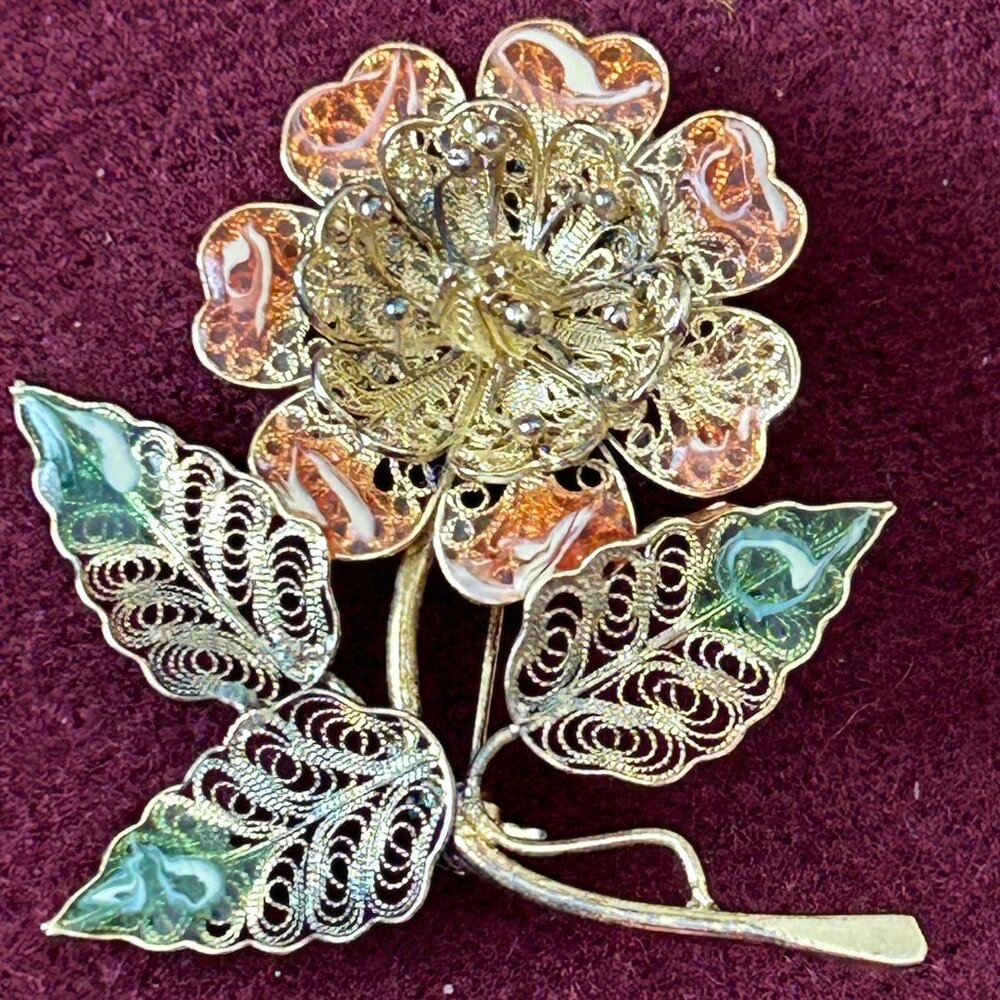 A 925 1044 VI Italy JR  Gold Colorful Filigree Floral with enamel Pin Brooch